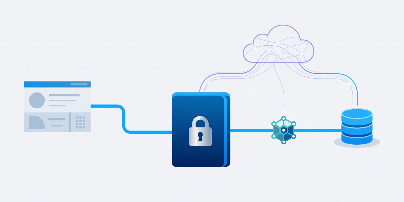 Flat vector application architecture connecting a user interface, secure server, model API and business database