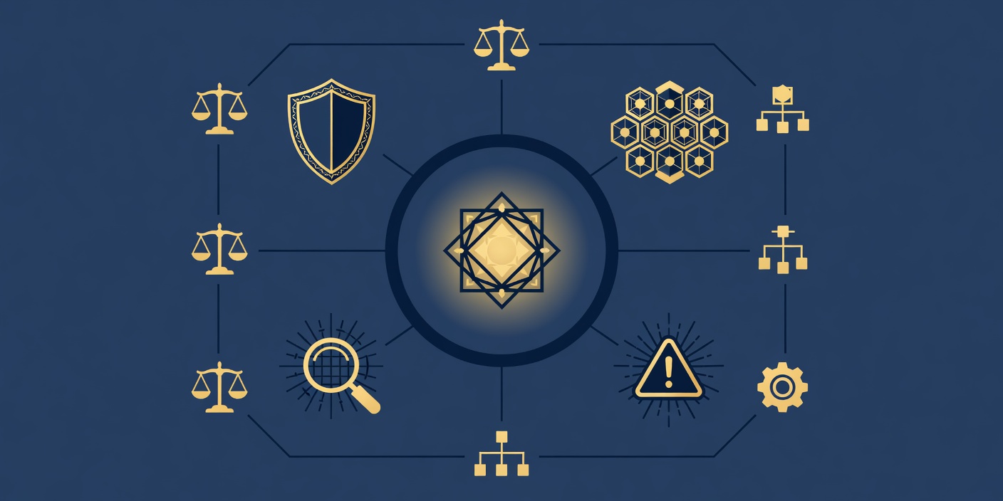Navy and gold vector illustration showing an AI service surrounded by ownership, data protection, review and incident controls