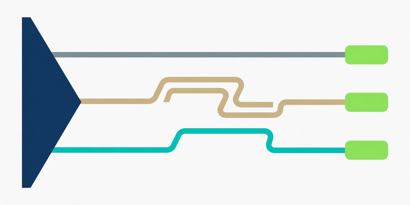 Flat vector decision path comparing rules, search and AI against a defined business task