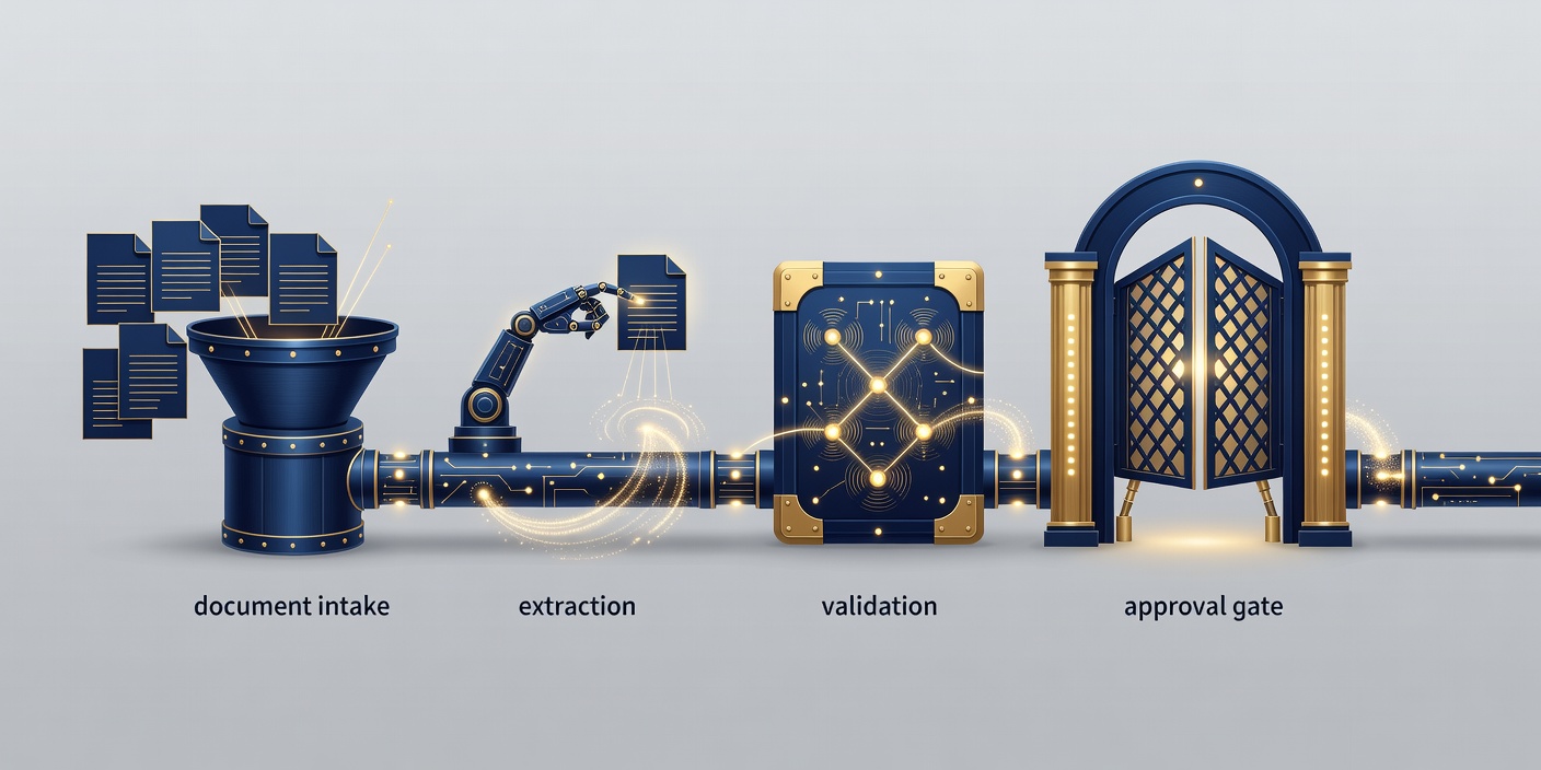 Navy and gold workflow illustration showing document intake, extraction, validation and an approval gate