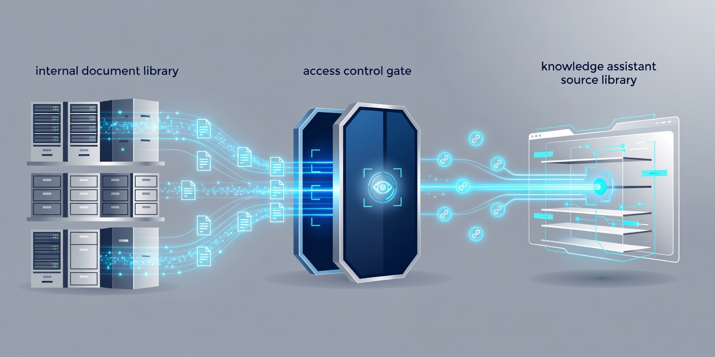 Vector illustration of an internal document library feeding a source-linked answer through an access control gate